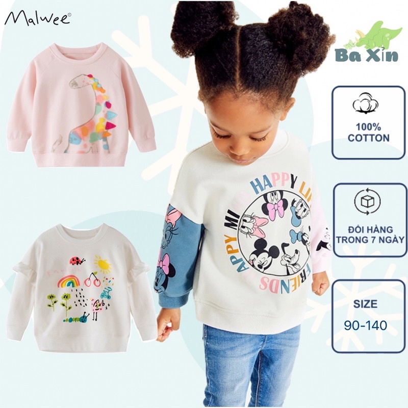 (10-35KG)BST THU ĐÔNG ÁO NỈ COTTON DÀI TAY HOẠ TIẾT IN MAY 3D SIZE ĐẠI CHO BÉ GÁI 2 ĐẾN 10 TUỔI|MALWEE