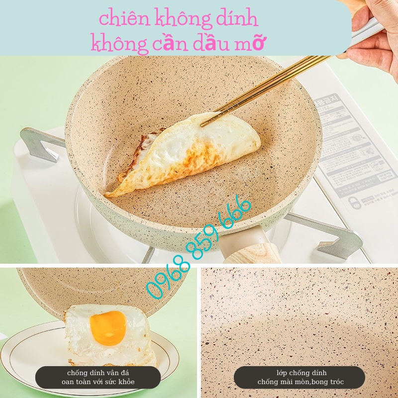 Chảo chống dính cao cấp 30cm, đáy từ vân đá hoa cương, cán gỗ cao su bền chắc, dùng mọi loại bếp