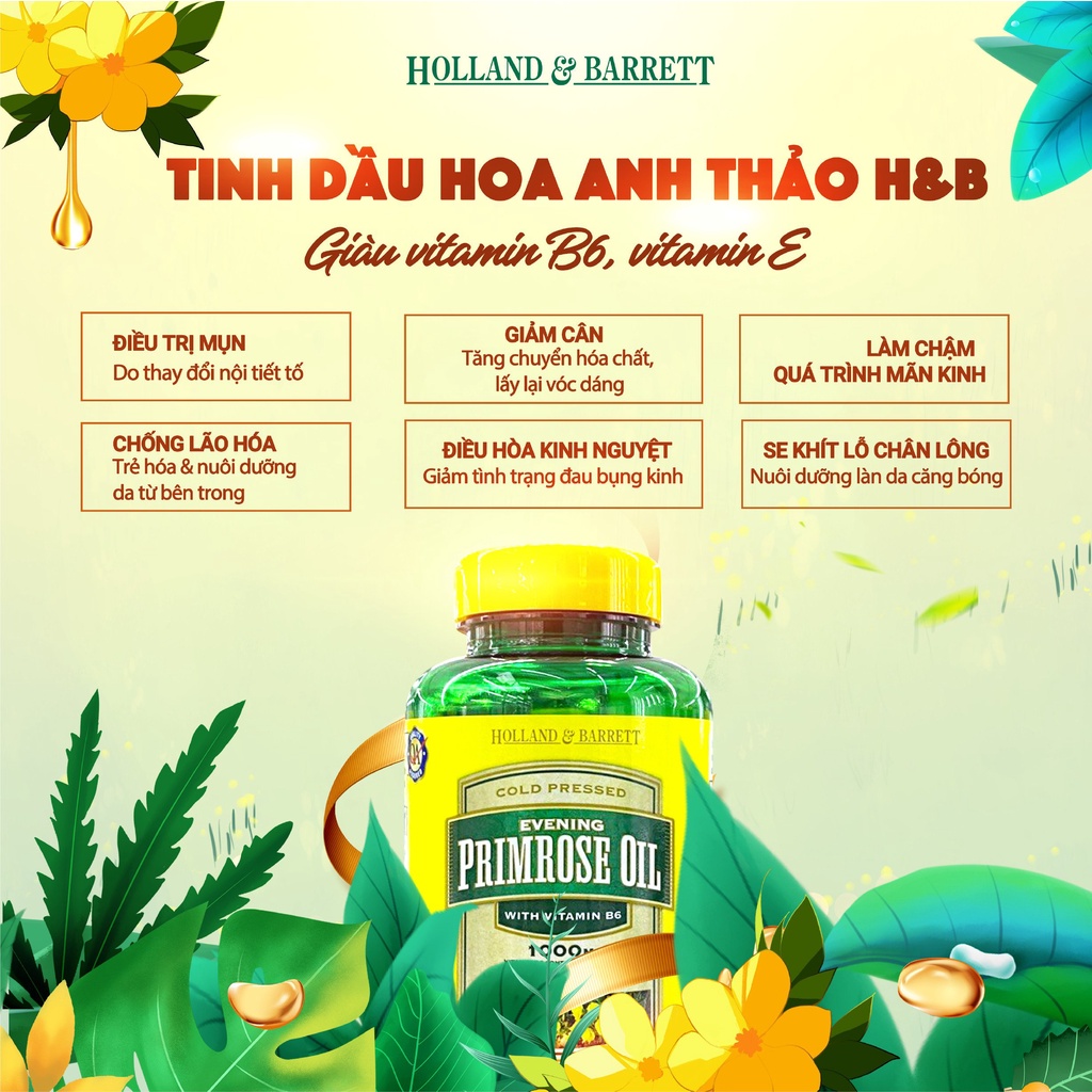 Tinh Dầu Hoa Anh Thảo Evening Primrose Oil Holland & Barrett 120 viên và Anh Thảo Pháp