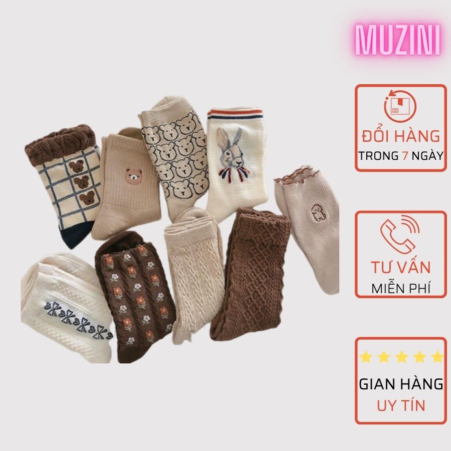 Set 9 Tất nữ Muzini vớ cổ cao tone nâu tây phong cách vintage đáng yêu nhiều mẫu TN61
