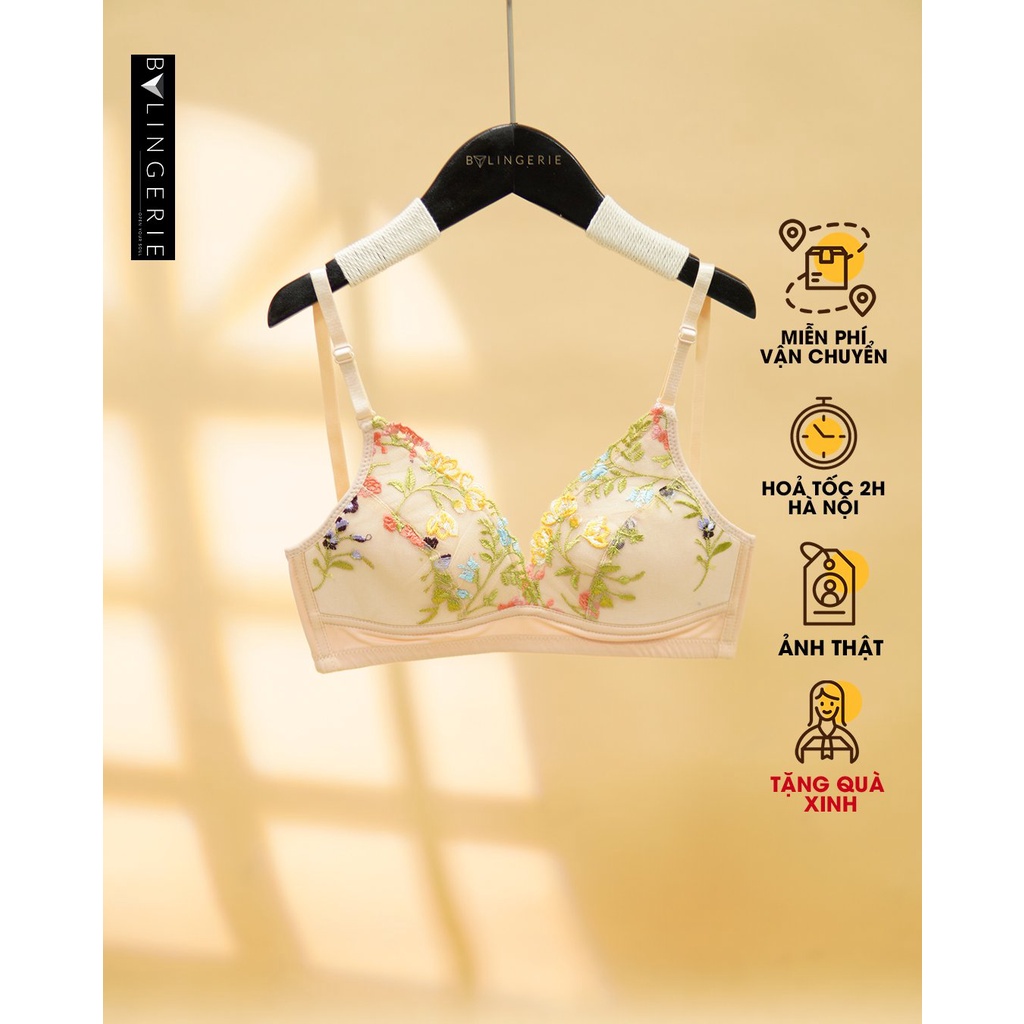 Bộ đồ lót ren nữ BY LINGERIE màu vàng nude không gọng mút mỏng B328