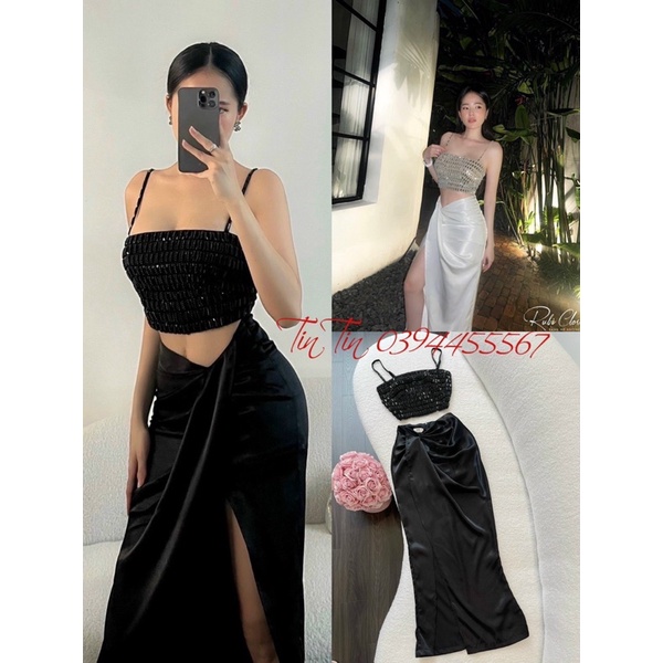 Set Áo kiểu 2S đính đá cao cấp kèm chân váy phi ôm xẻ đùi 2 màu trắng đen đi tiệc đi bar pub siêu sexy quyến rũ