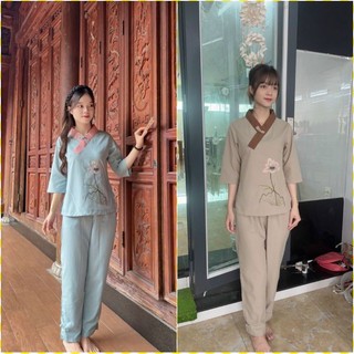 Đồ lam đi chùa mẫu nữ thêu sen 1 nút vải loại 1