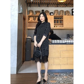 EVERMOM | Đầm bầu sơ mi chấm bi chân ren tay dài