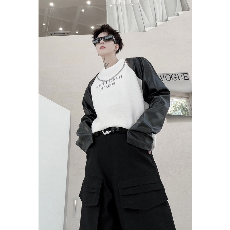 Áo Thun Tay Dài Cổ Tròn In Họa Tiết Kim Loại Phối Da Thời Trang Mùa Thu Mới Cho Nam