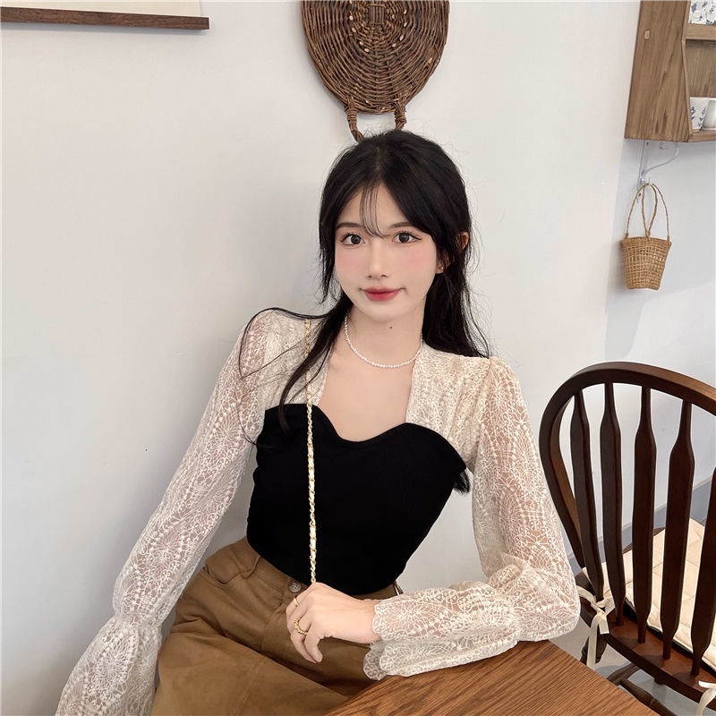 Jiashucheng Áo Thun Tay Dài Cổ Vuông Phối Ren Siêu Nữ Tính Phong Cách Mới Mùa Thu