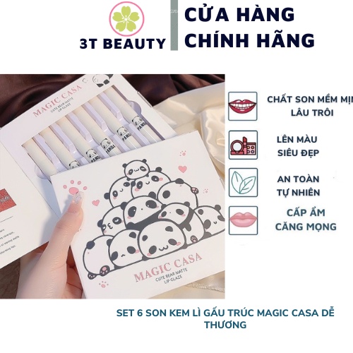 Set 6 Son Kem Lì Magic CASA Chống Thấm Nước Thiết Kế Hình Gấu Trúc Dễ Thương