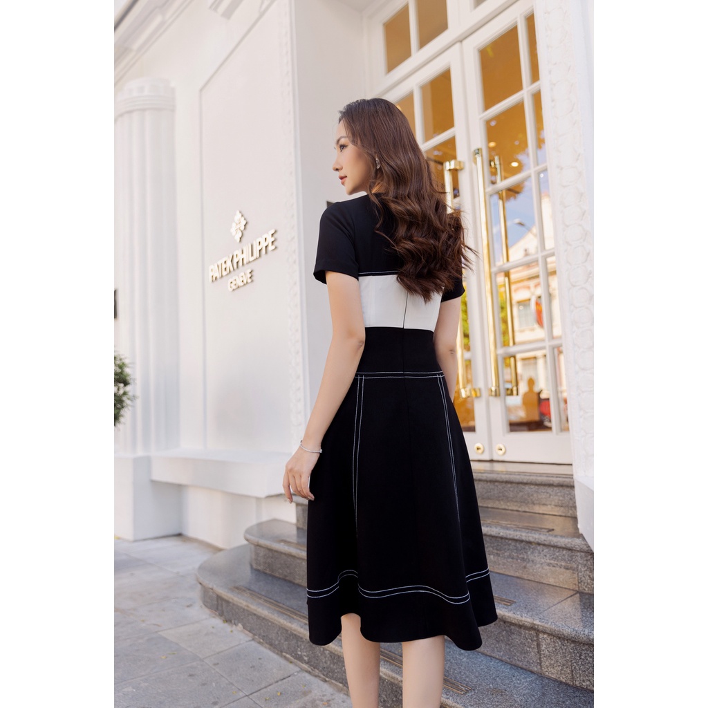 Đầm công sở Lamia Design LD139 màu trắng đen phối viền trắng thanh lịch