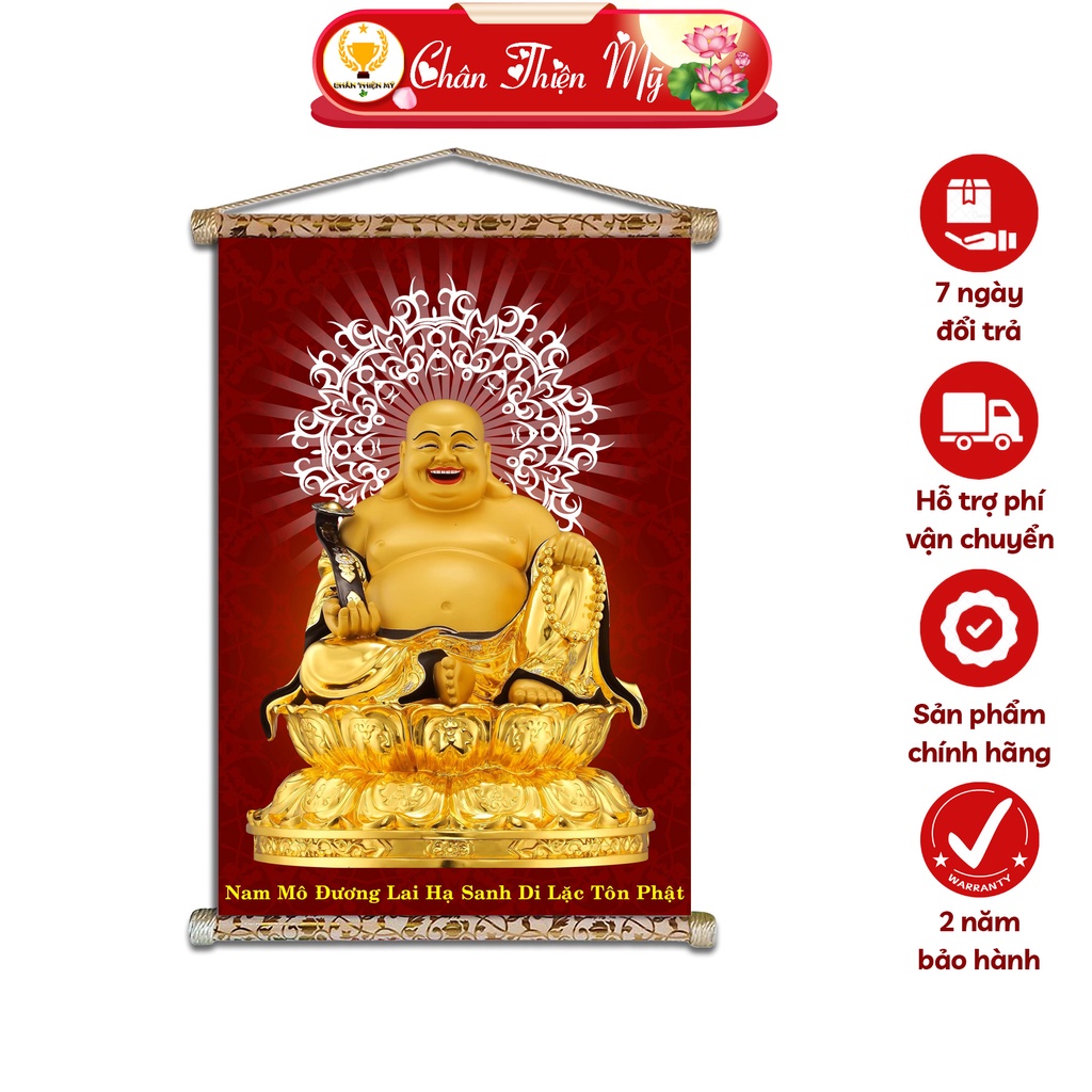 Tranh Phật Treo Tường Phật Di Lặc CHÂN THIỆN MỸ, Chất Liệu Vải Lụa Kim Sa Khung Gỗ 40x60cm DLTP-32