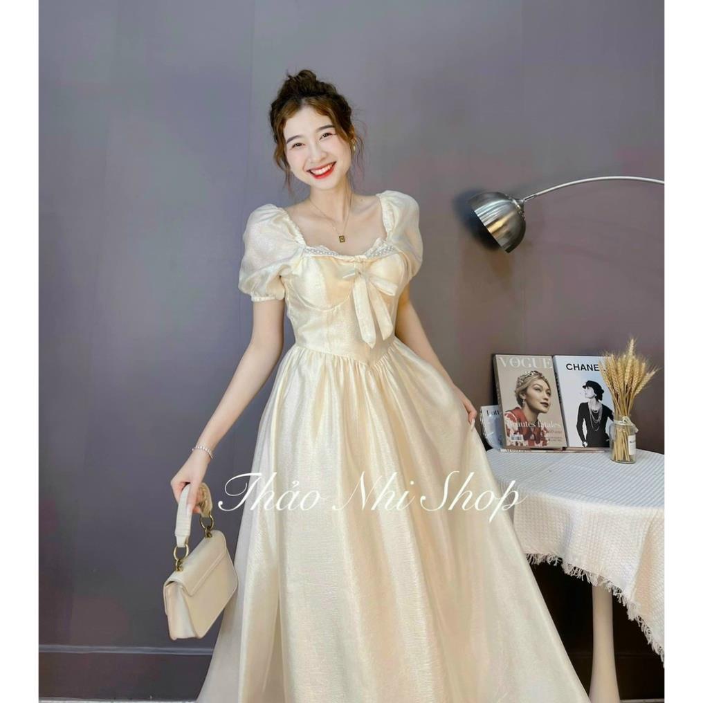 Đầm midi nude thắt nơ ngực dáng xòe chị thảo nhi shop