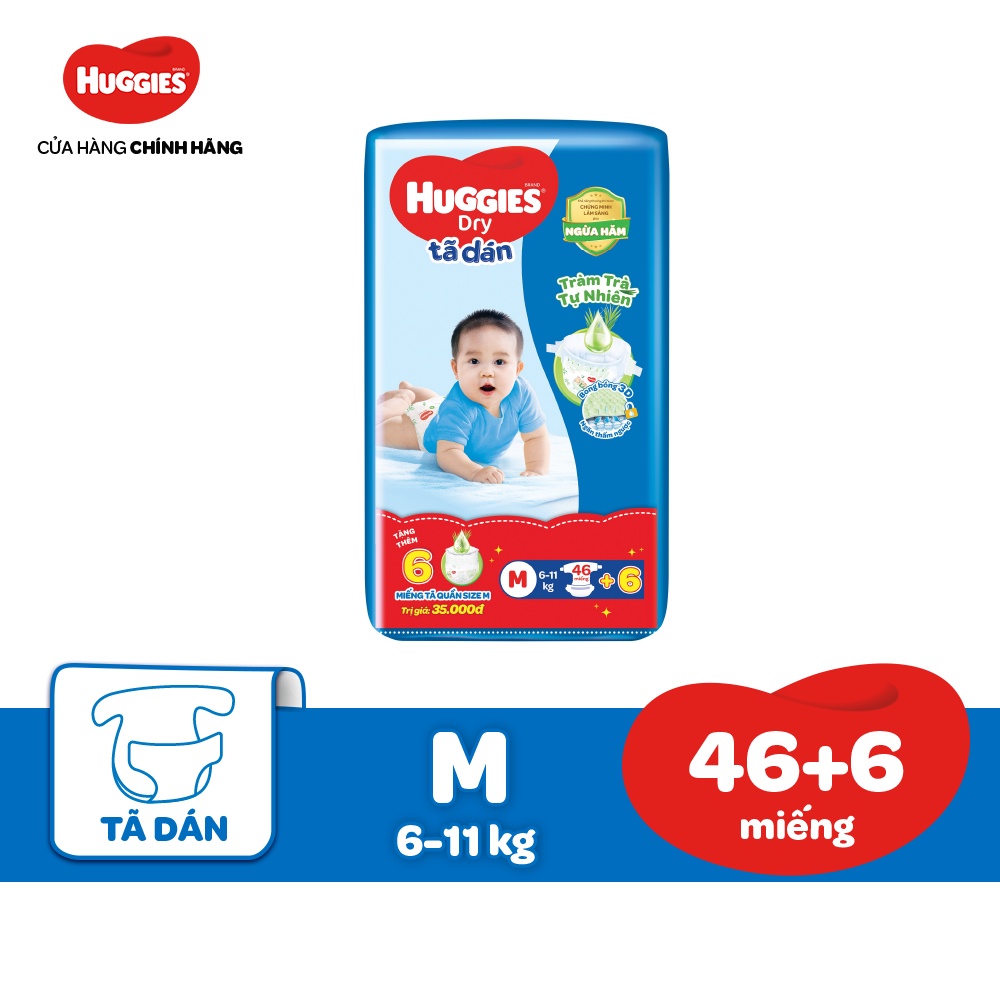 Tã dán Huggies Tràm Trà Tự Nhiên Dry M46/L40/XL36/XXL33:M46