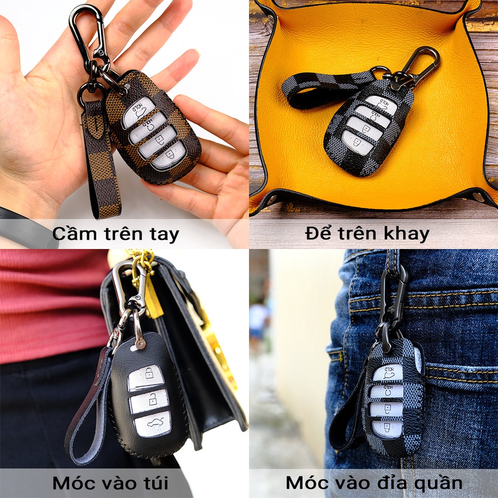 Bao da bọc chìa khóa ô tô Hyundai Tucson I10 I120 Elantra Creta 2022  khâu tay hở nút bấm móc đen HB