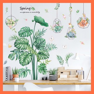 Decal dán tường trang trí phòng khách cây xanh và giỏ hoa