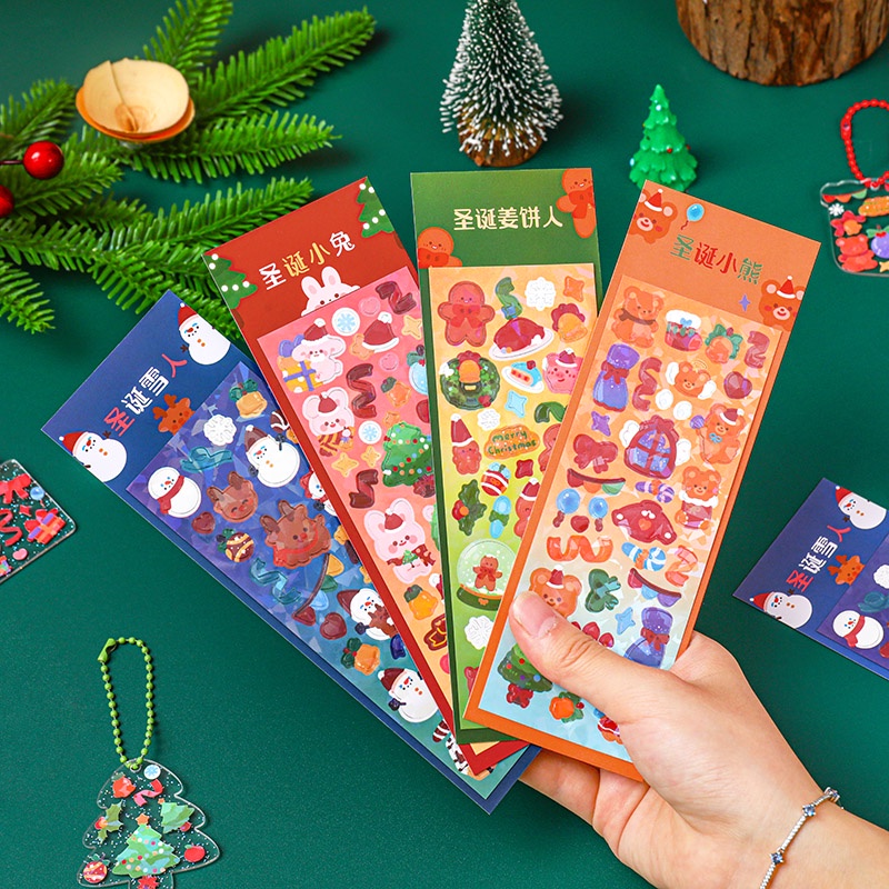Set 4 Tấm Nhãn Dán Trong Suốt Lấp Lánh Họa Tiết Hoạt Hình Dễ Thương Trang Trí Giáng Sinh DIY