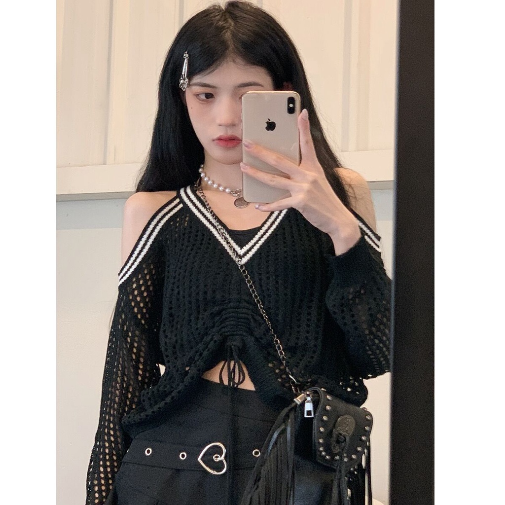 Áo Kiểu Dệt Kim Mỏng Hở Vai Dáng Rộng Phối Dây Rút Chống Nắng Và Điều Hòa Không Khí Kiểu Gia Vị Cho Nữ