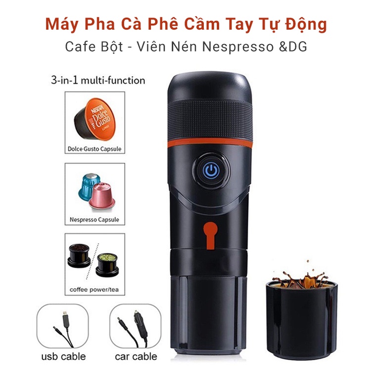 Máy pha cà phê cầm tay tự đông 3 in 1 - Máy Pha cafe Mini - Dùng cho cà phê viên nén và cà phê bột - Dùng tại nhà, ô tô