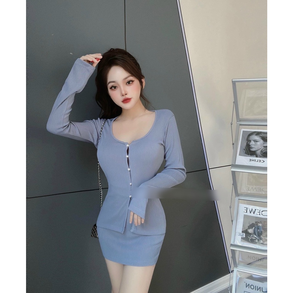 Set chân váy ôm kèm áo kiểu cài nút tay dài chất thun gân