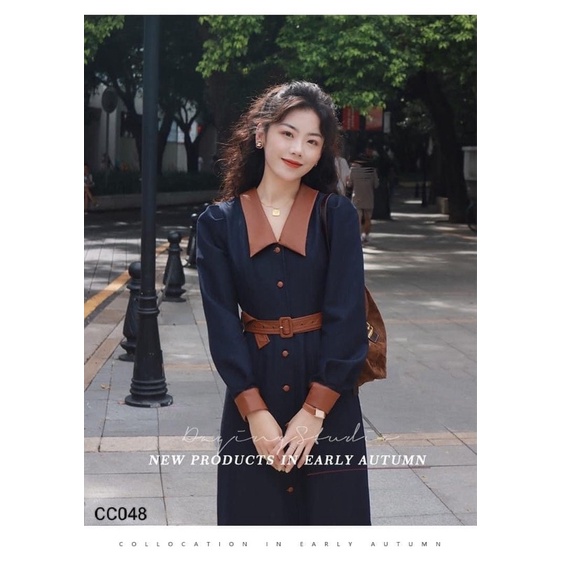 Đầm Nhung Phối Da Kèm Belt Sang Trọng