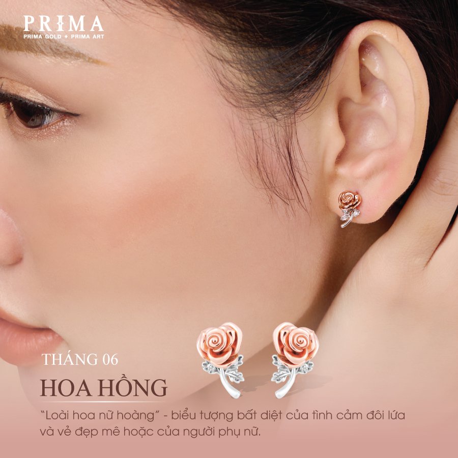 PRIMA Bông Tai Kim cương - Vàng 9K - Hoa Hồng Tháng 6 - BST Birth Flower - 991E1388