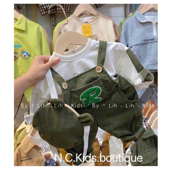 (XẢ) Set yếm chữ R xanh rêu cho bé trai 8-20kg