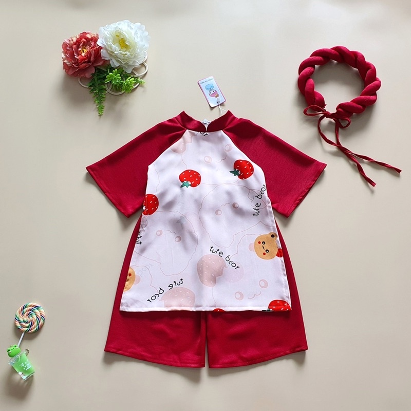 Sét Áo Dài Cách Tân Hoa Hồng Kèm Mấn Cho Bé Gái 4 Đến 30kg