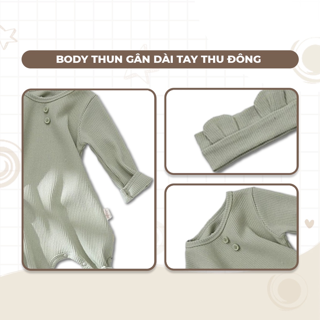 Bộ liền thân cho bé bodysuit dài tay Unbee kèm che thóp chất liệu thu gân Hàn mềm mại thoáng mát