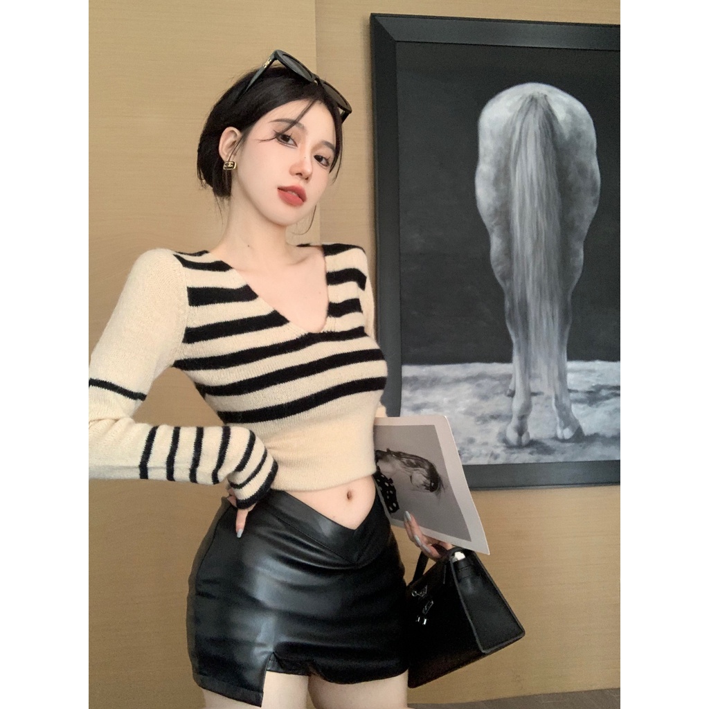 ZHELIHANGFEI Áo Len Tay Dài Cổ Chữ V Khoét Sâu Họa Tiết Sọc Ngang