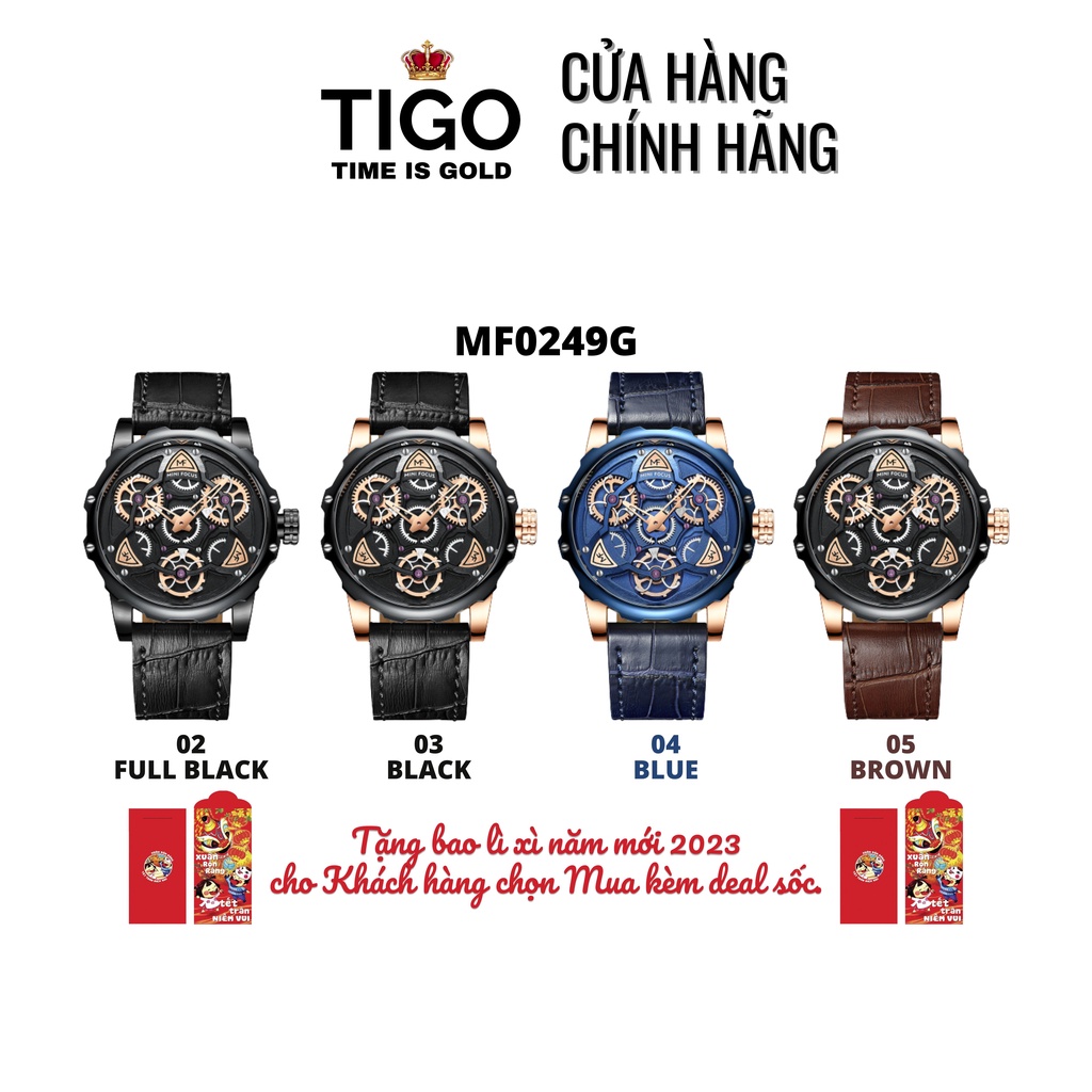 Đồng Hồ Nam MINI FOCUS MF0249G.03 Dây Da Đen Viền Đen Vàng Thép Không Gỉ Cao Cấp Mặt Tròn Đường Kính 44mm Chống Nước