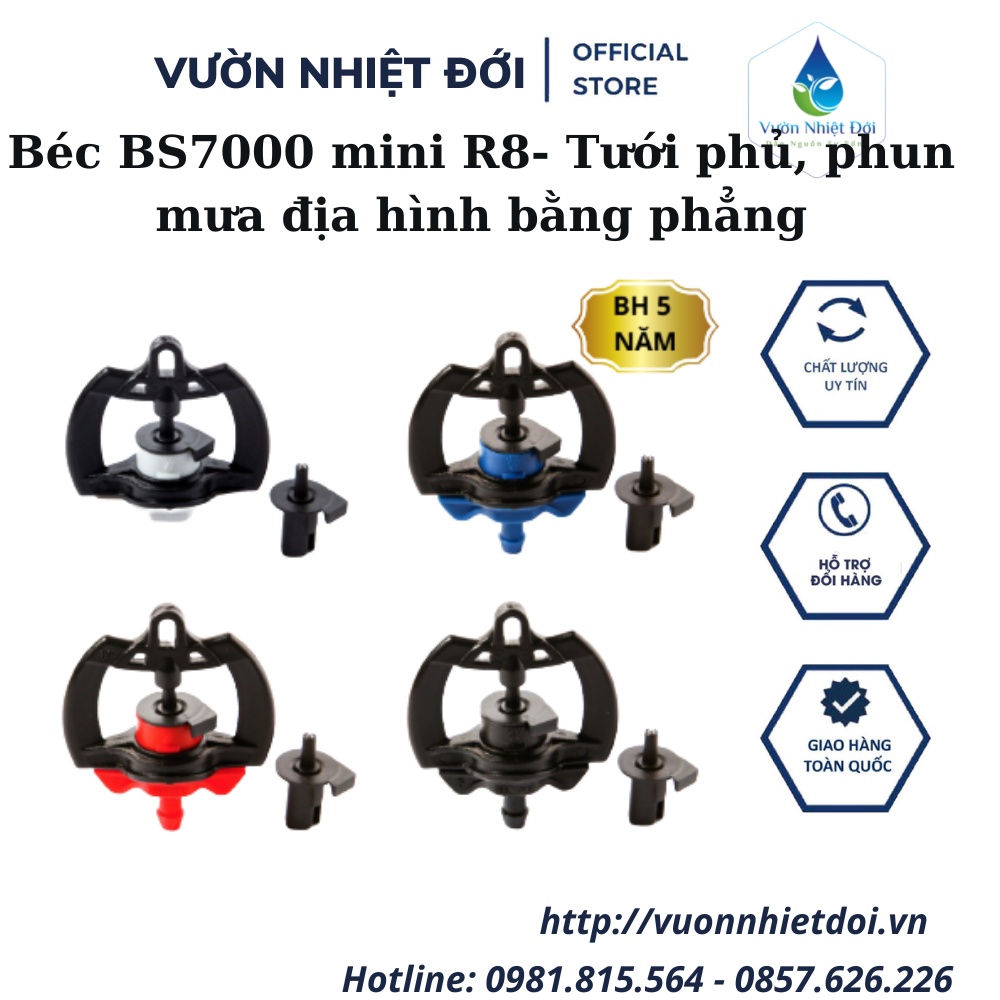 Bộ 10 Béc BS7000 Mini R8 - Béc tưới phủ, phun mưa (địa hình bằng phẳng) - BH 5 năm về chất lượng và bán kính tưới