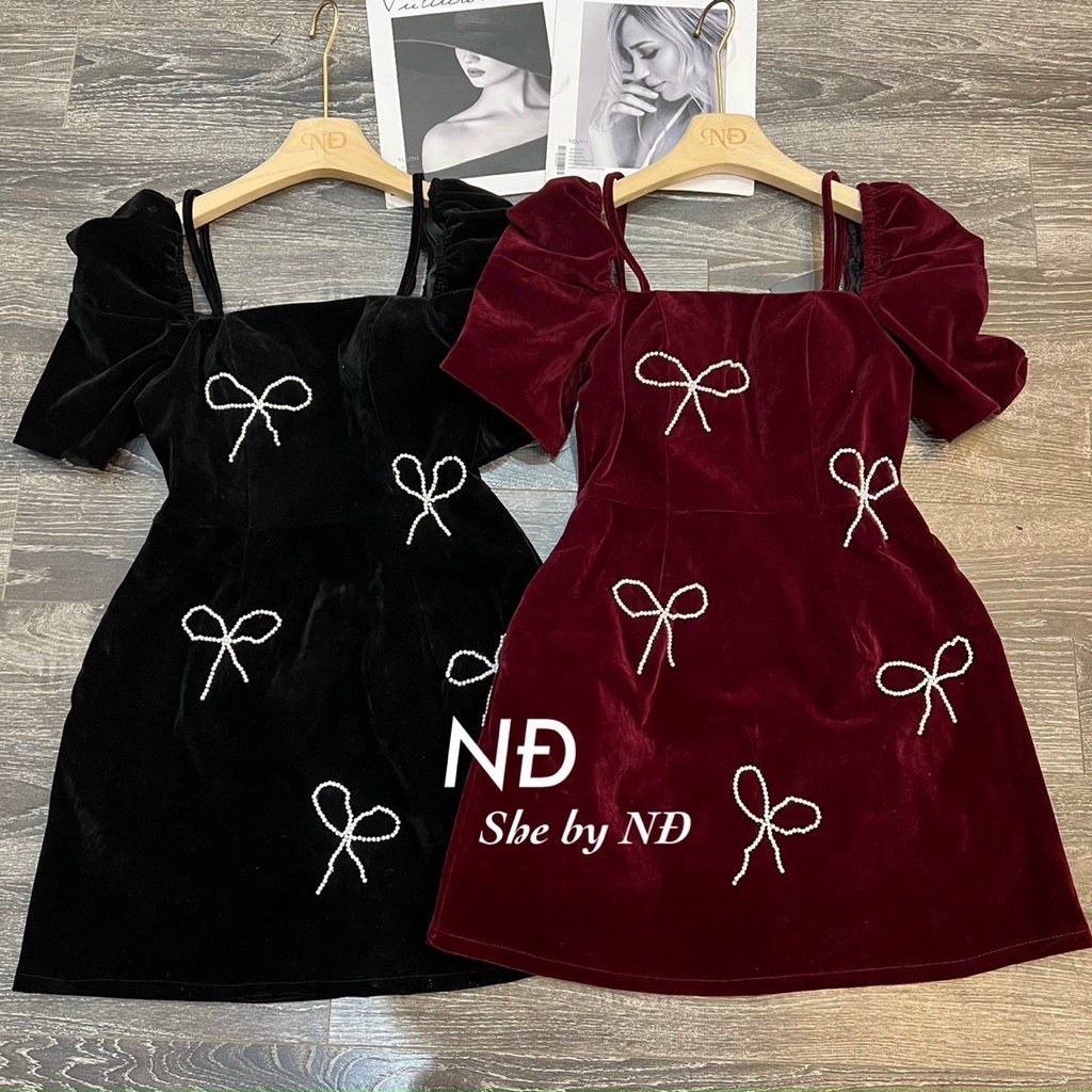 ĐẦM NHUNG TAY PHỒNG ĐÍNH NƠ ĐÁ 2M