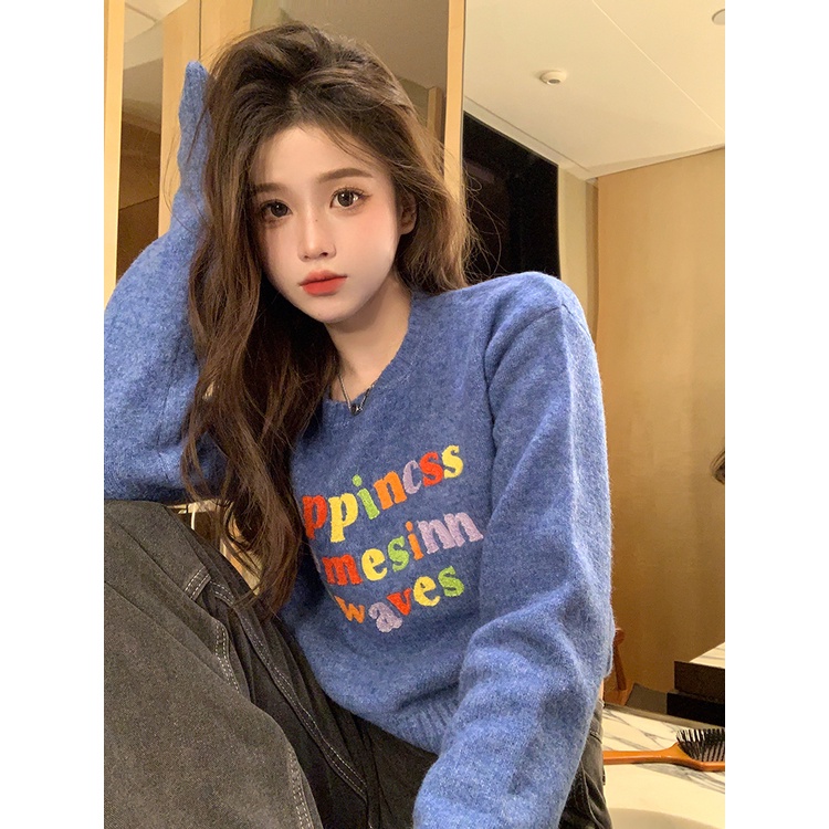 ZHELIHANGFEI Áo Sweater Tay Dài Cổ Tròn Lưng Cao Thêu Họa Tiết Nhiều Màu Sắc Dễ Thương