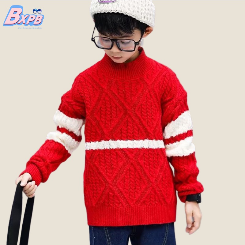Áo Sweater Cổ Lọ Dáng Rộng Họa Tiết Kẻ Sọc Thời Trang Năm Mới Cho Bé 3-15 Tuổi