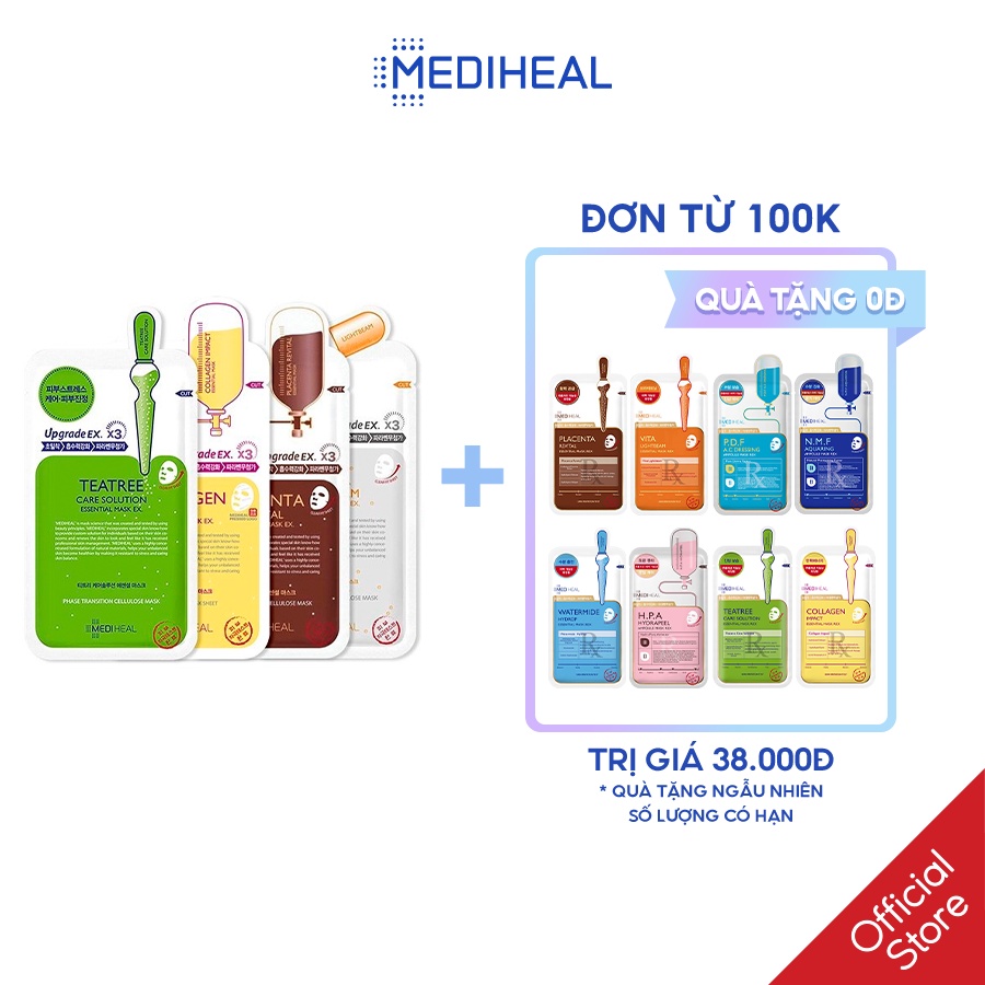 Mix 10 Mặt Nạ MediHeal 3 Teatree - 3 Collagen- 2 Lightbeam - 2 N.M.F Essential Mask 25ml x 10