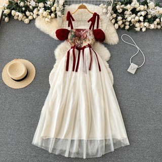 #2727 [Sẵn một số size Đầm tay ngắn trễ vai chất voan cổ tich siêu xinh