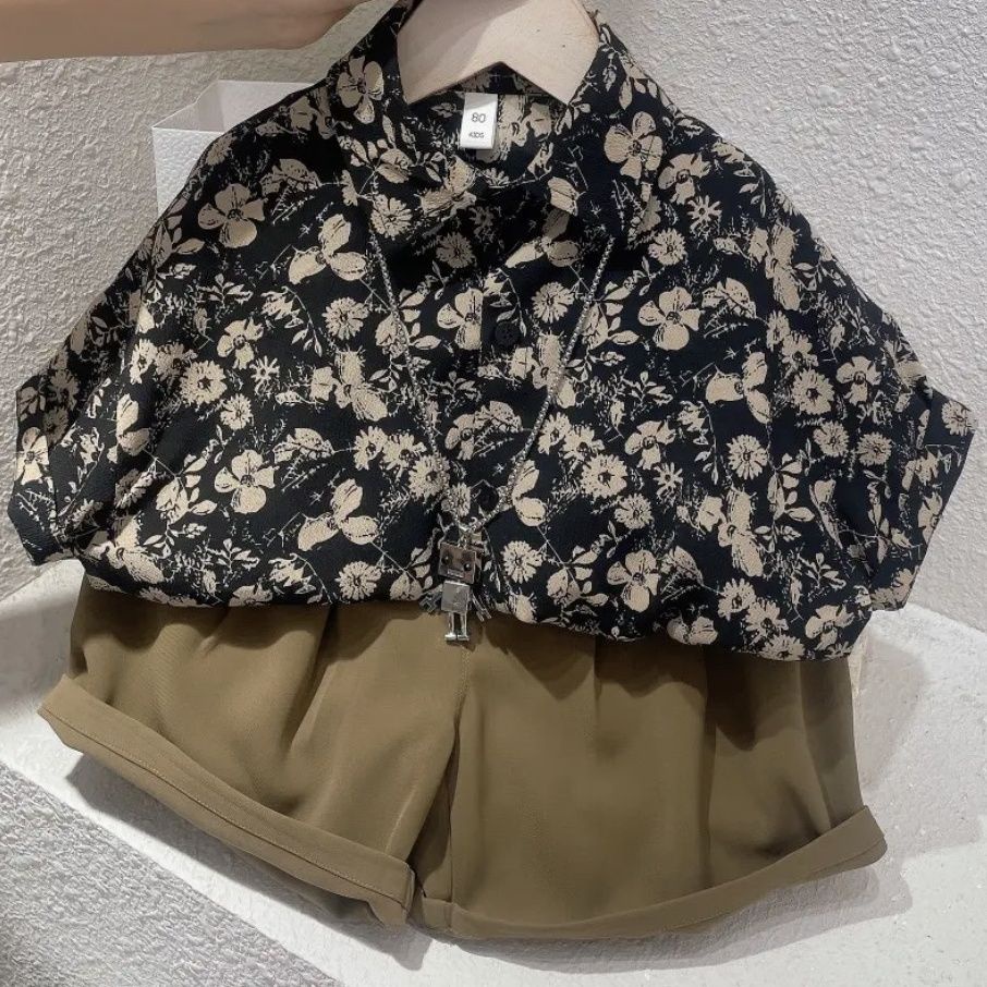 ̅✥Set Áo Sơ Mi Ngắn Tay Họa Tiết Hoa Và Quần Short Thời Trang Mùa Hè Mới Cho Bé Trai