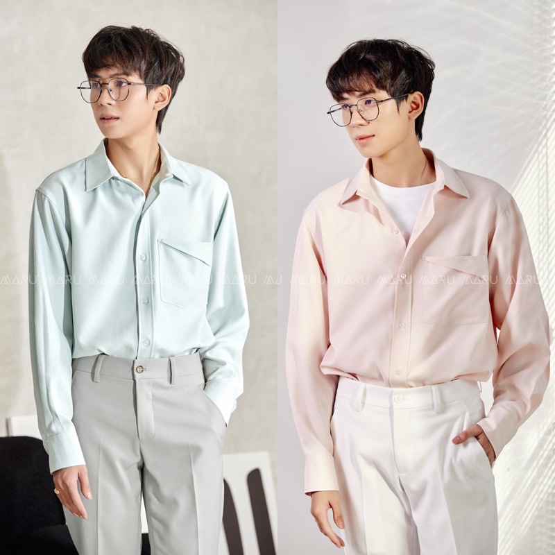 ÁO SƠ MI NAM TAY DÀI 1 TÚI CHÉO.CRO SHIRT MÀU HỒNG PASTEL VÀ XANH MINT.