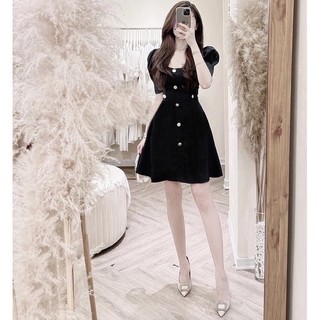 Đầm cổ V nút vàng 3 màu, váy công sở, váy dạo phố style Hàn xuongvnxk vnxk