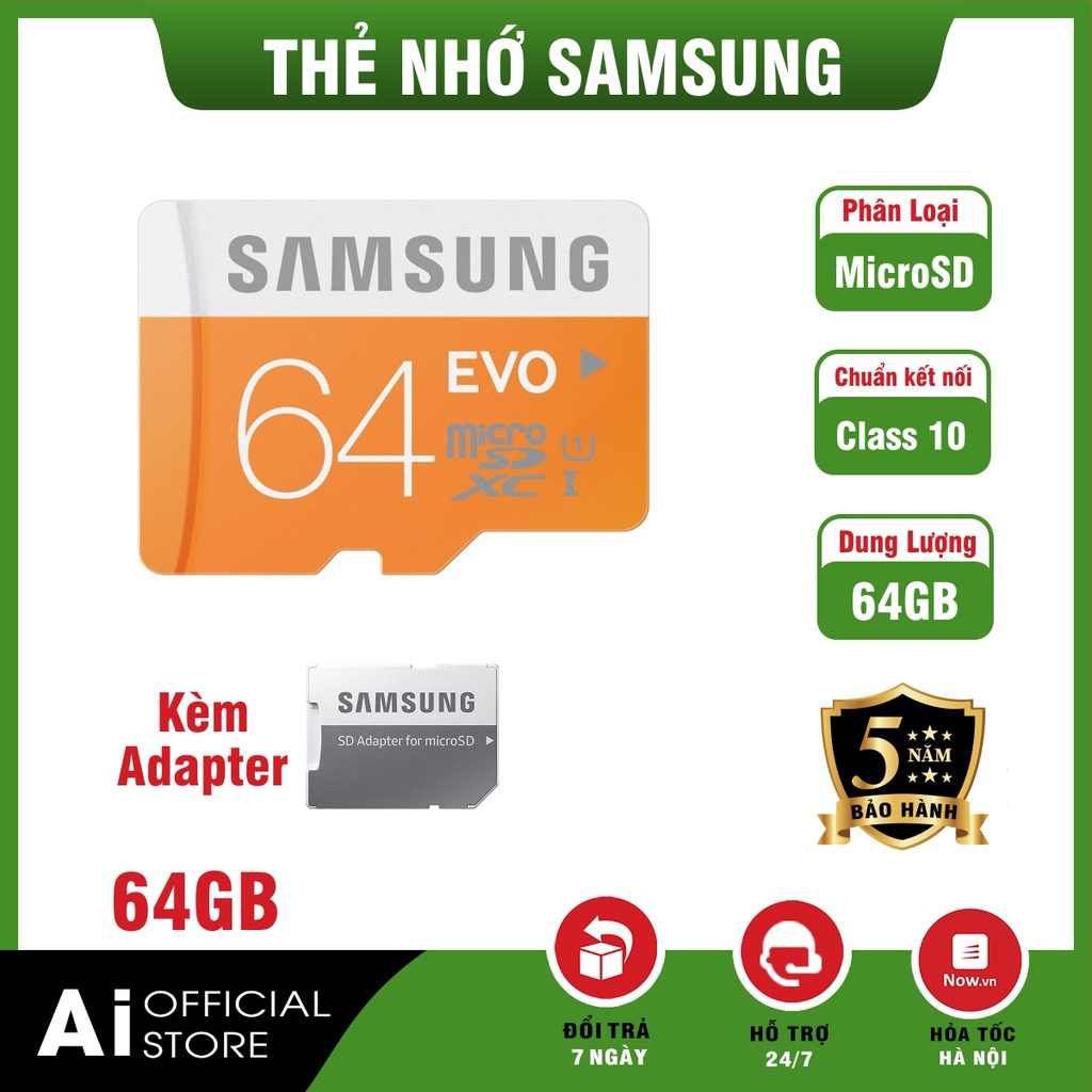 Thẻ Nhớ MicroSD Samsung 64GB - Class10 - Hàng nhập khẩu - Bảo Hành 5 năm!!!