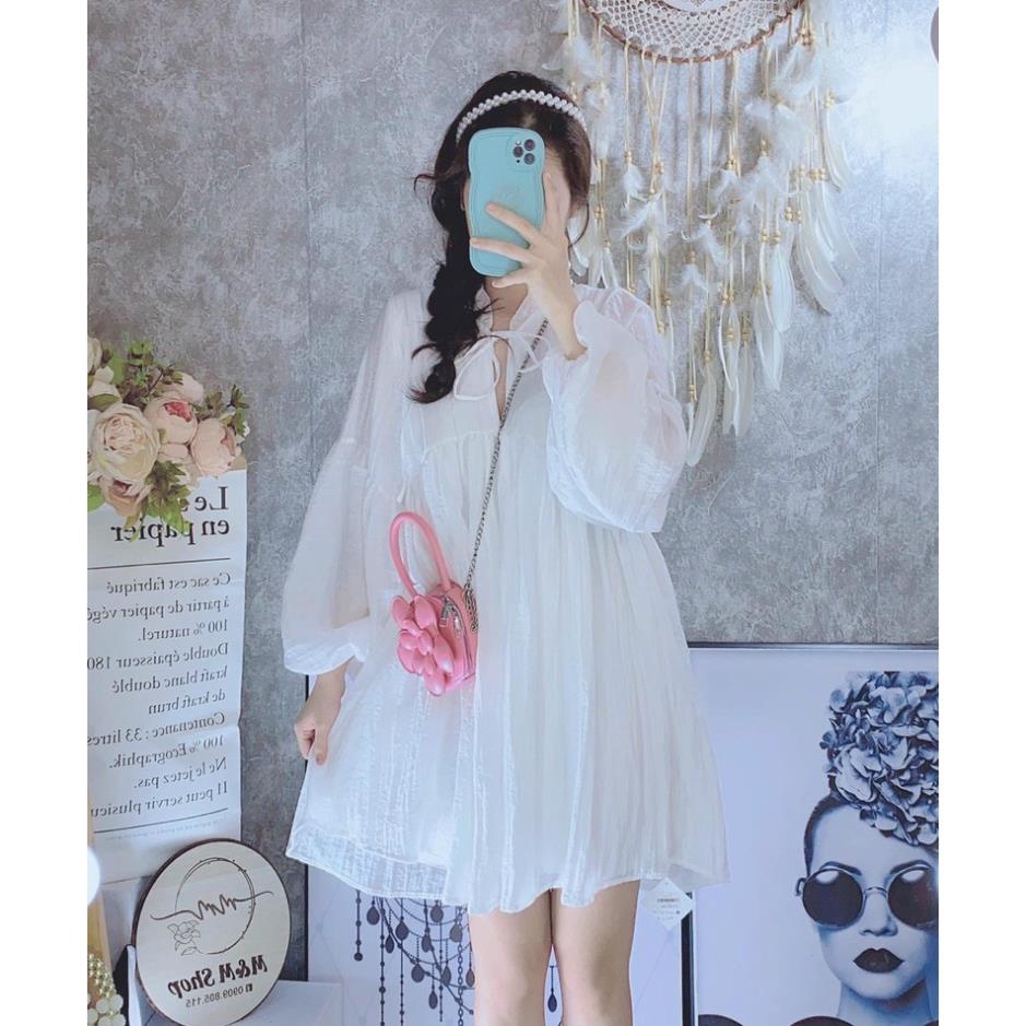 Đầm Babydoll trắng cổ bèo tay bí váy bầu dáng xòe mẫu chị thảo nhi shop