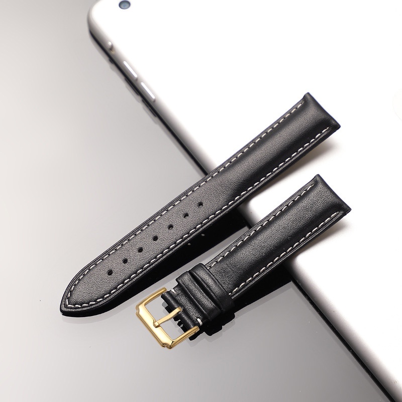 [Hàng nhập Xịn] Dây đồng hồ da bò 2 mặt lớp da bò đầu tiên TRƠN chống thấm nước BO-38 size 12 14 16 18 20 22mm (Đen)