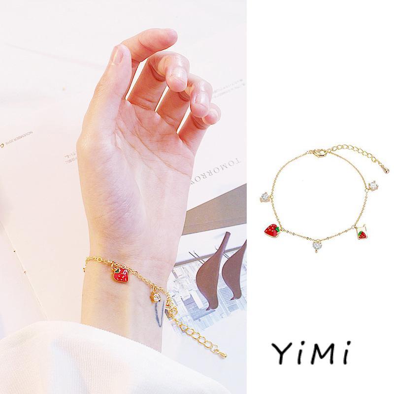 Vòng Đeo Tay Đính Đá Opal Hình Quả Dâu Tây Dễ Thương Cho Nữ