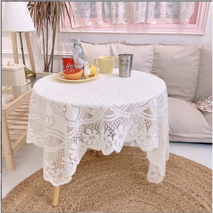 Khăn trải bàn vải ren phong cách Bắc Âu. Vải ren decor shop, trang trí kệ tủ đẹp Sun_decor