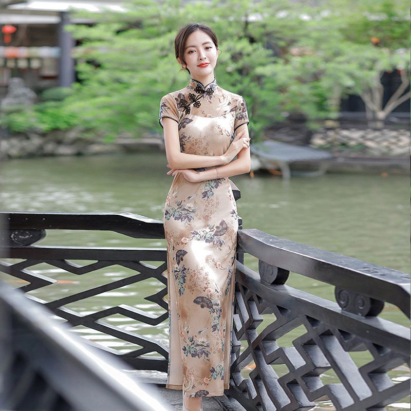 Đầm Sườn Xám Thượng Hải Dài Hoạ Tiết Hoa Văn Cổ Điển