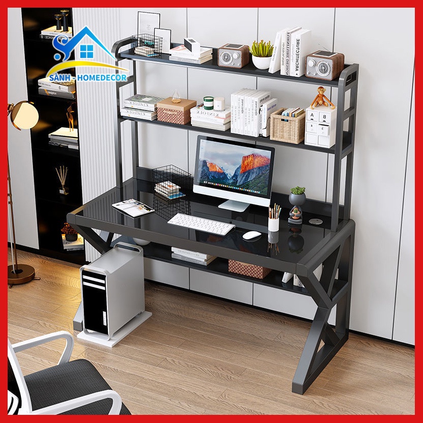 Bàn học, bàn làm việc kèm kệ sách chân sắt hộp sơn tĩnh điện chống gỉ BLV72, bàn học sinh mặt kính cường lực cao cấp