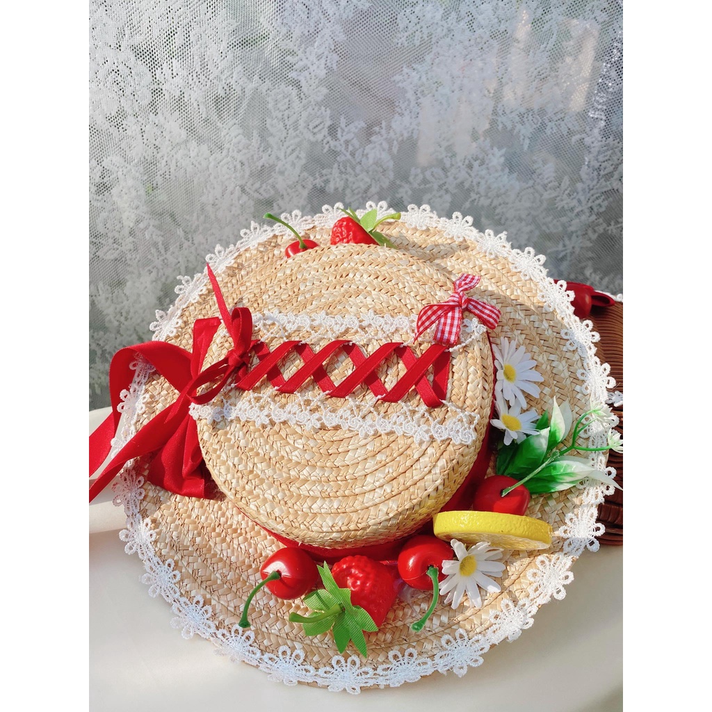 ⚡PHỤ KIỆN LOLITA ⚡ Mũ cói rộng vành và giỏ mây nhựa đính nơ/hoa/dâu tây ... phối ren phong cách Lolita nhật bản cho nữ