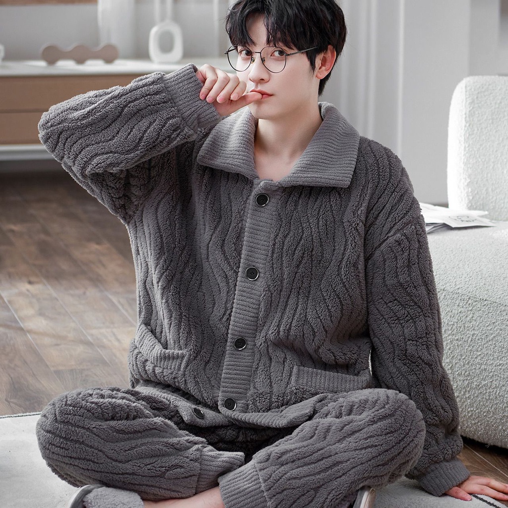 Bộ Đồ Ngủ Mặc Nhà Dáng Rộng Lót Nhung Dày Giữ Ấm Mùa Đông Size Lớn Mới Cho Nam