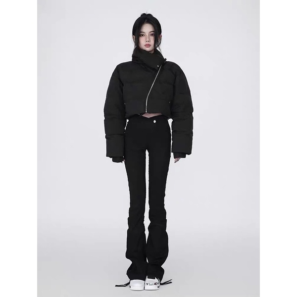 Áo phao béo dáng ngắn croptop khoá xéo