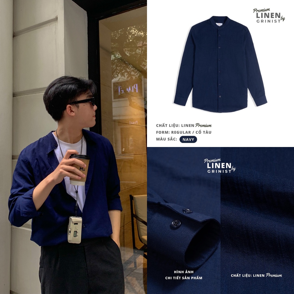 ÁO SƠ MI NAM - GRINIST - Màu Xanh Navy Cổ Tàu Premium Linen