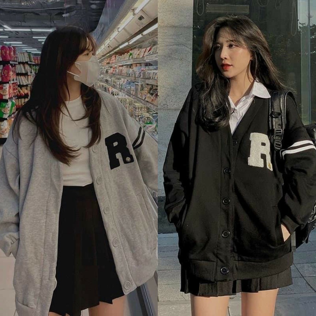 Áo khoác Cardigan nữ THÊU CHỮ R chất nỉ bông dày dặn phối viền sọc tay phong cách ulzzang SENAVA AK91