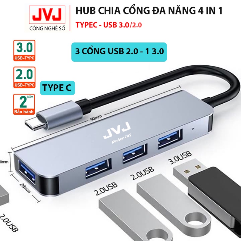 Hub USB typec C4 JVJ 4 trong 1 cổng chuyển đổi chia cổng Type-C/USB sang USB 3.0/2.0 cho MacBook laptop - Bảo hành 2 năm